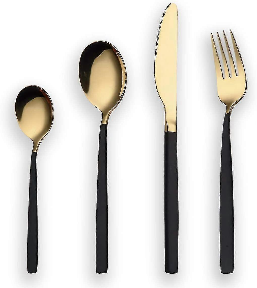 24 Piece Titanium Black And Golden Plated Stainless Steel Silverware Set,black Handle With Golden Mouth Flatware Set Black And Golden Cutlery Set Serv