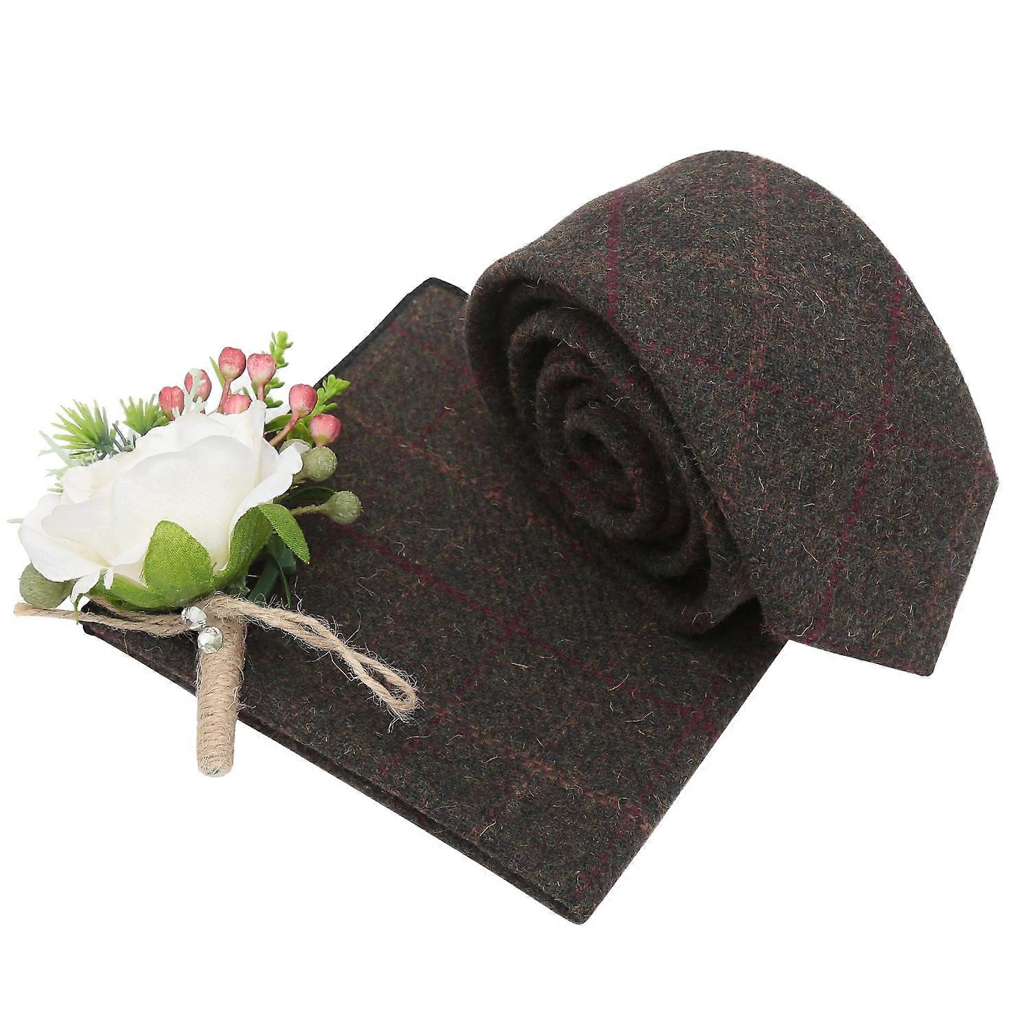 Dark Olive Tweed Check Tie and Pocket Square Set