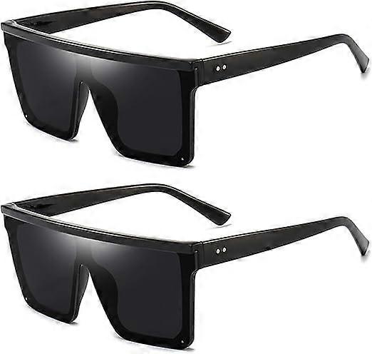 2 Pieces One Piece Lenses Large Frame Ultraviolet Fashion Pilot Big Face Frame Real Shooting Retro Sunglasses for Men and Women (Black),2024 Ping