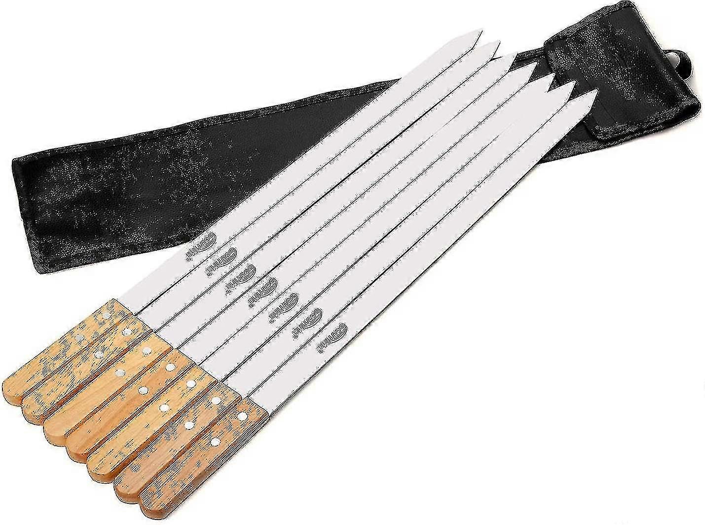 Bbq Skewers, Extra Long 60cm Stainless Steel Skewers With Solid Oak Handle, Set Of 7