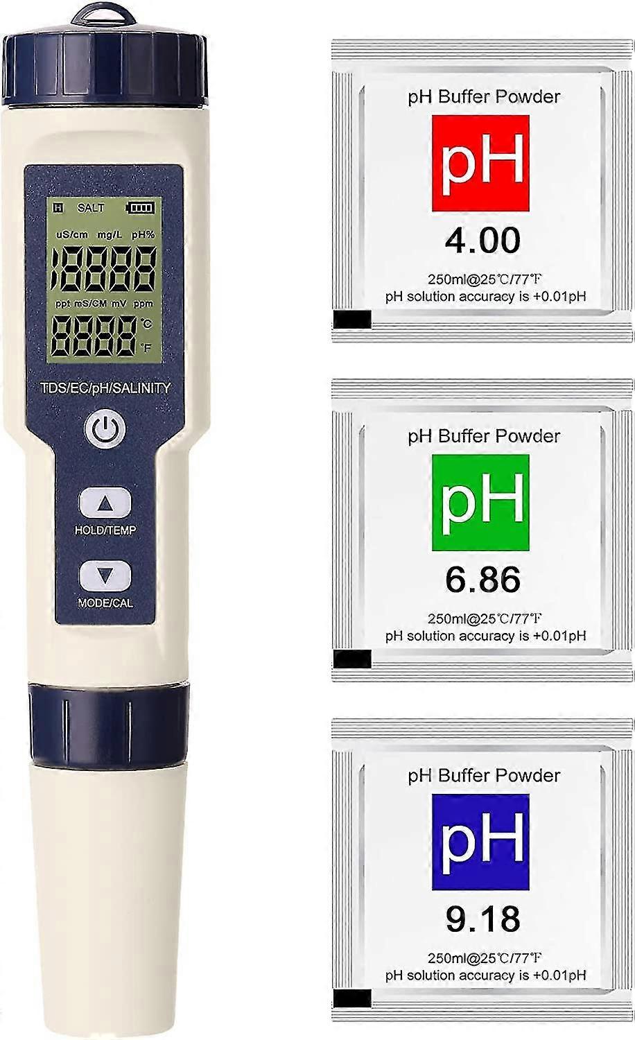 Water Quality Tester, 5 In 1 Ph/ec/tds/salinity/thermometer Digital Multi-function Tester With 3 Ph Buffer Powders