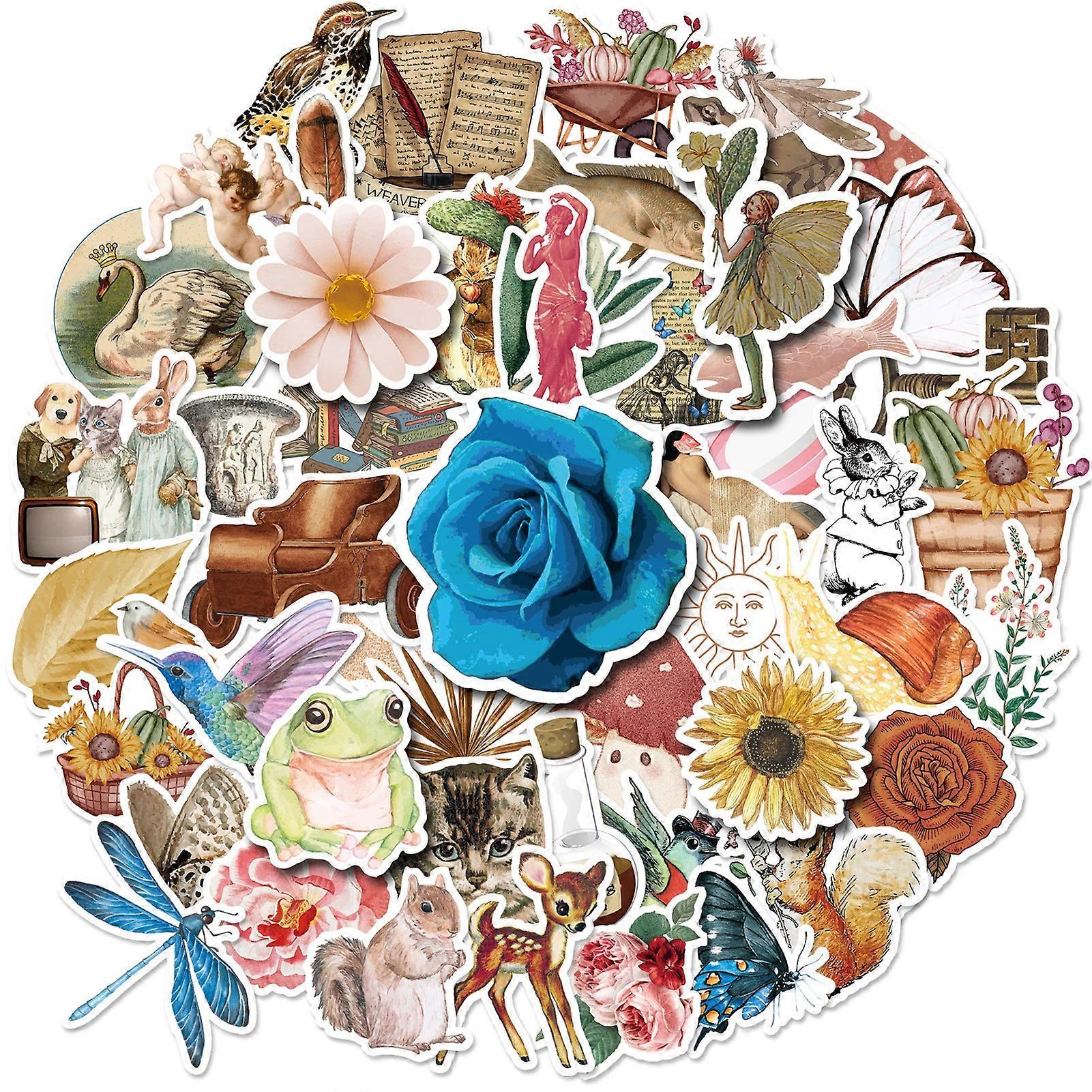 1 Bag Vintage Stickers 50 Pcs Multi Patterns Self-adhesive Waterproof Scratch Resistant Decorative Removable High Stickiness Decals for Students KAESI