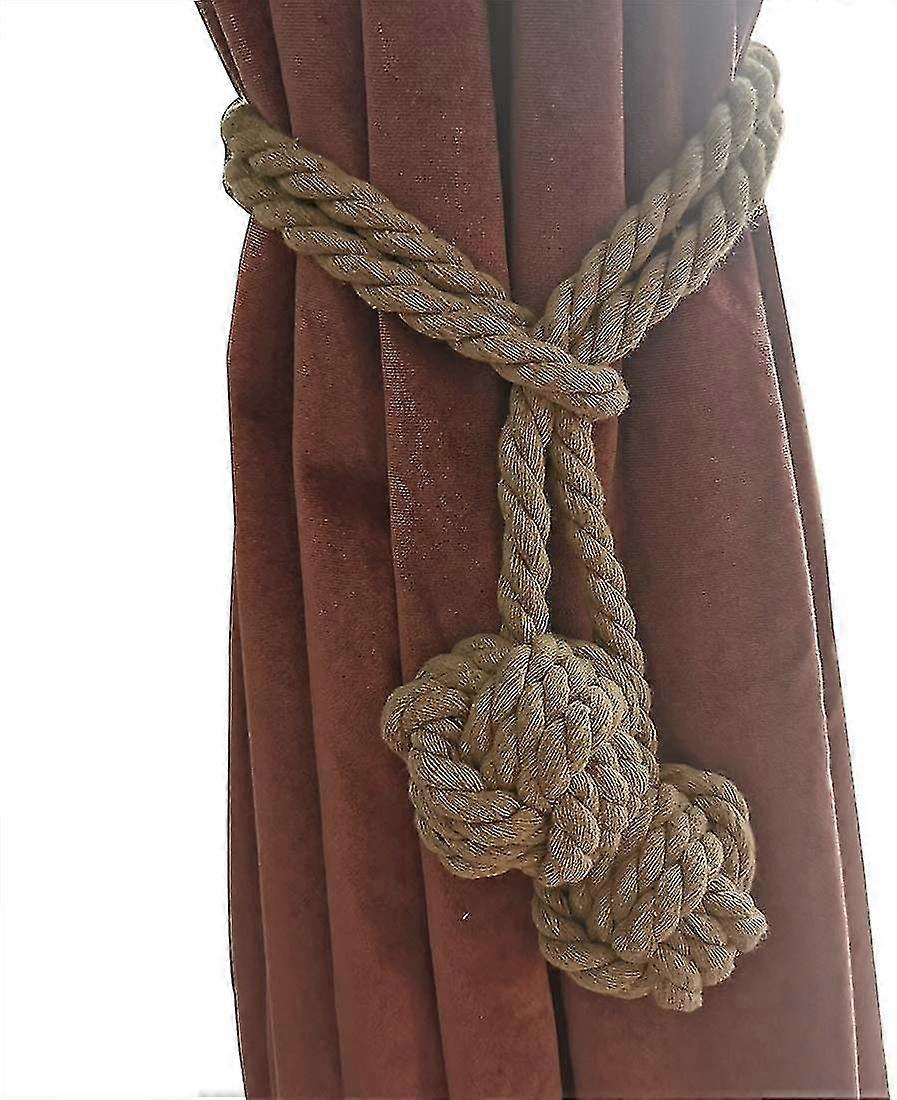 2pcs Drapery Hold Backs Hand Knitting Braided Curtain Tiebacks With Double Ball Cotton Rope Tassel- Beige