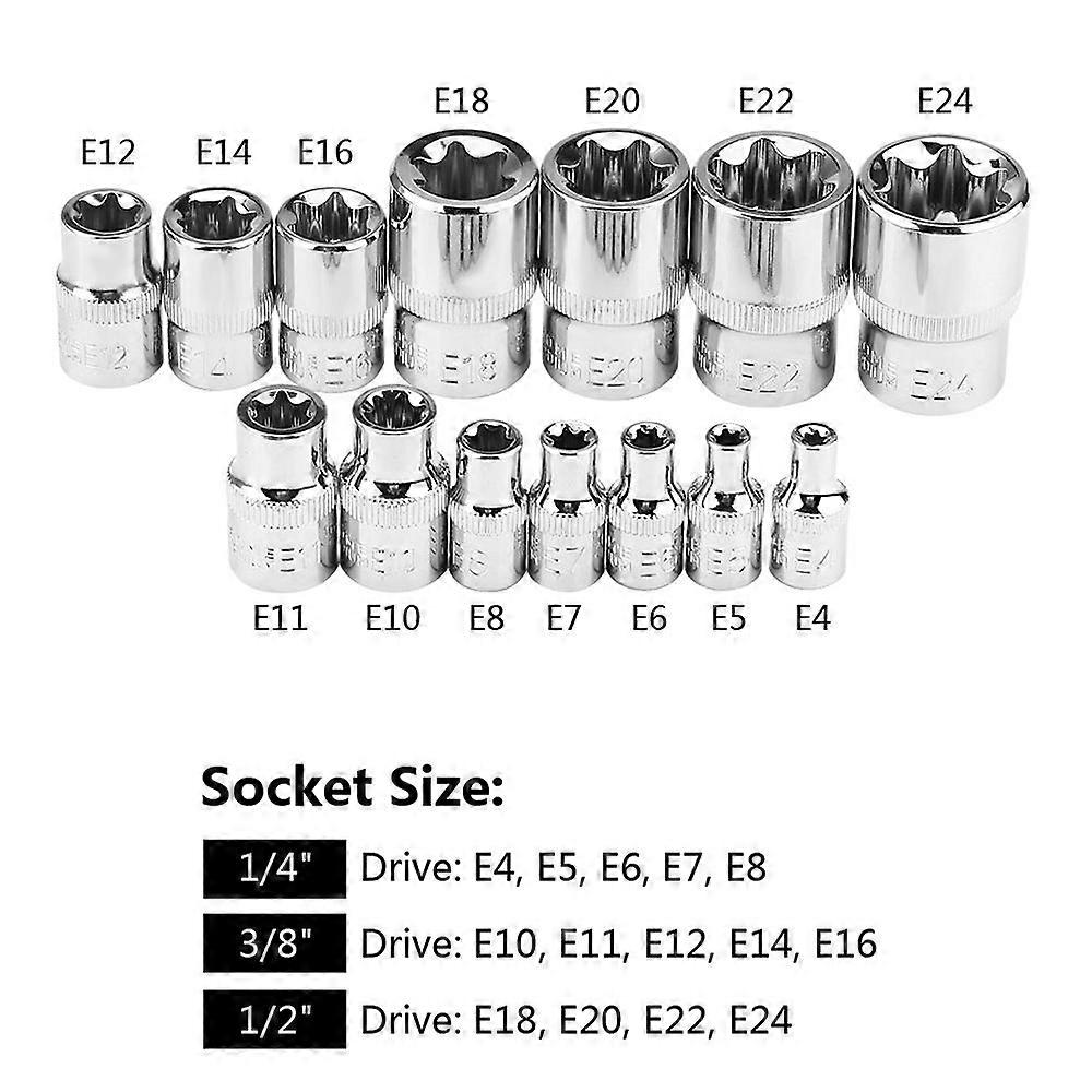 14pcs/Set E-Torx Star Female Bit Socket Set 1/2" 3/8" 1/4" Drive E4 - E24 Torque Socket Set E-Socket Nuts Set Repair Hand Tools
