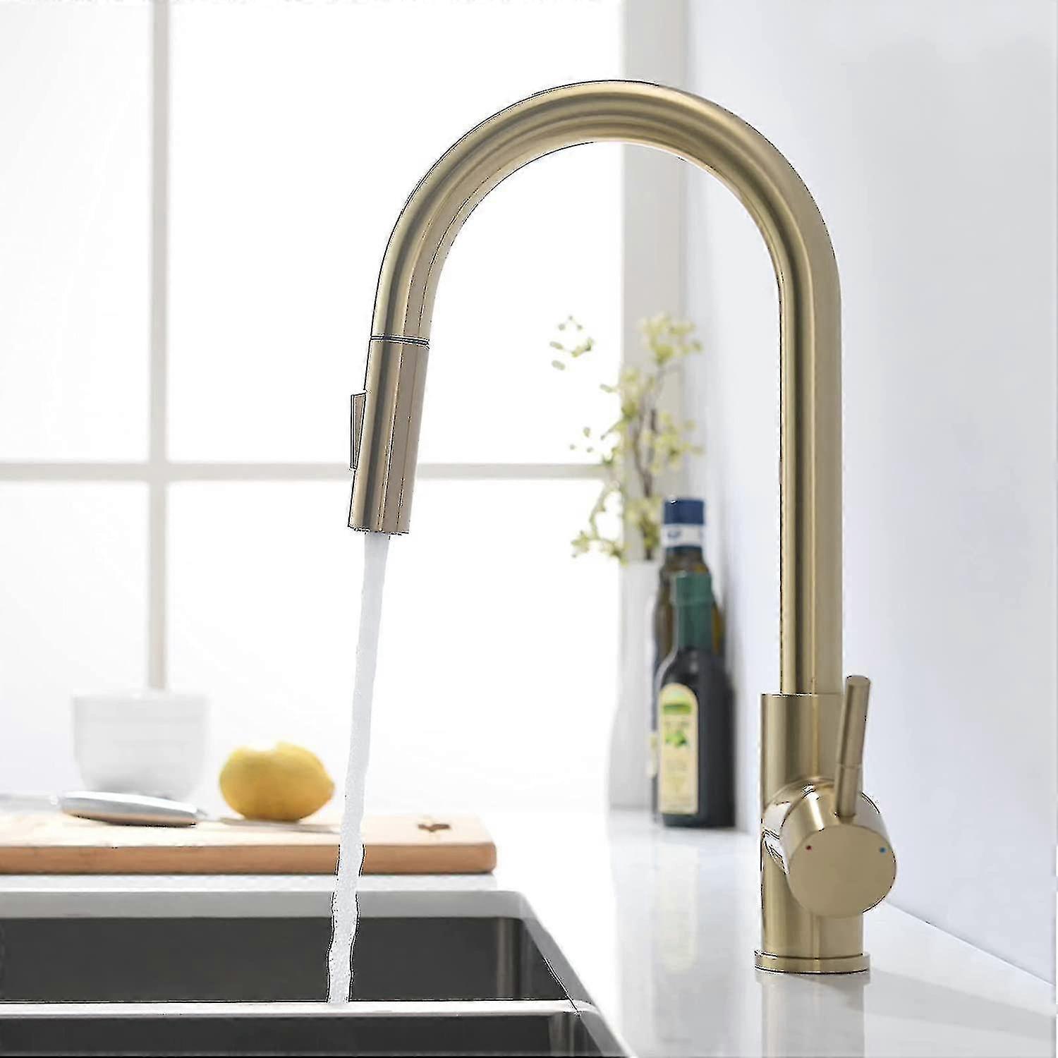 Brushed Gold Kitchen Faucet With Pull Out Spray 360 Swivel Kitchen
