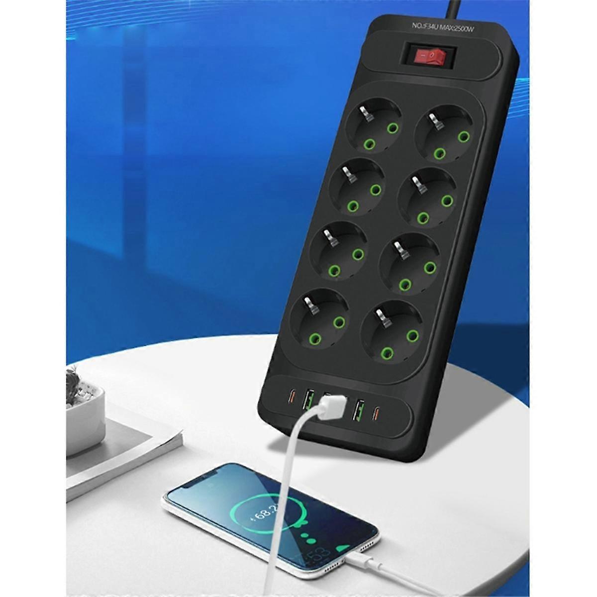 8Holes EU Plug AC Socket Multi Tower Power Strip 2M Extension Cable Electrical Outlet Smart USB Socket with Switch White