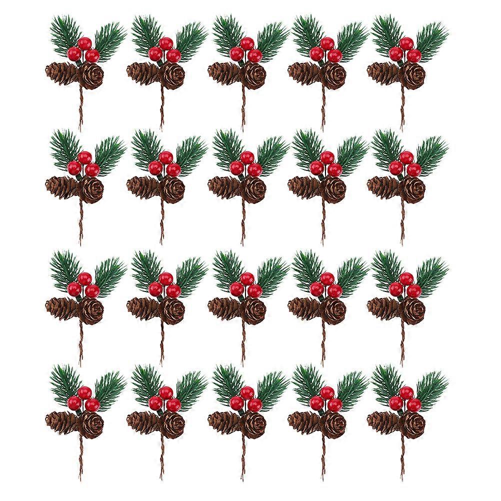 20Pcs Berry Pine Cones Pine Needles Stems Picks Artificial Christmas Berries Decor for Crafts