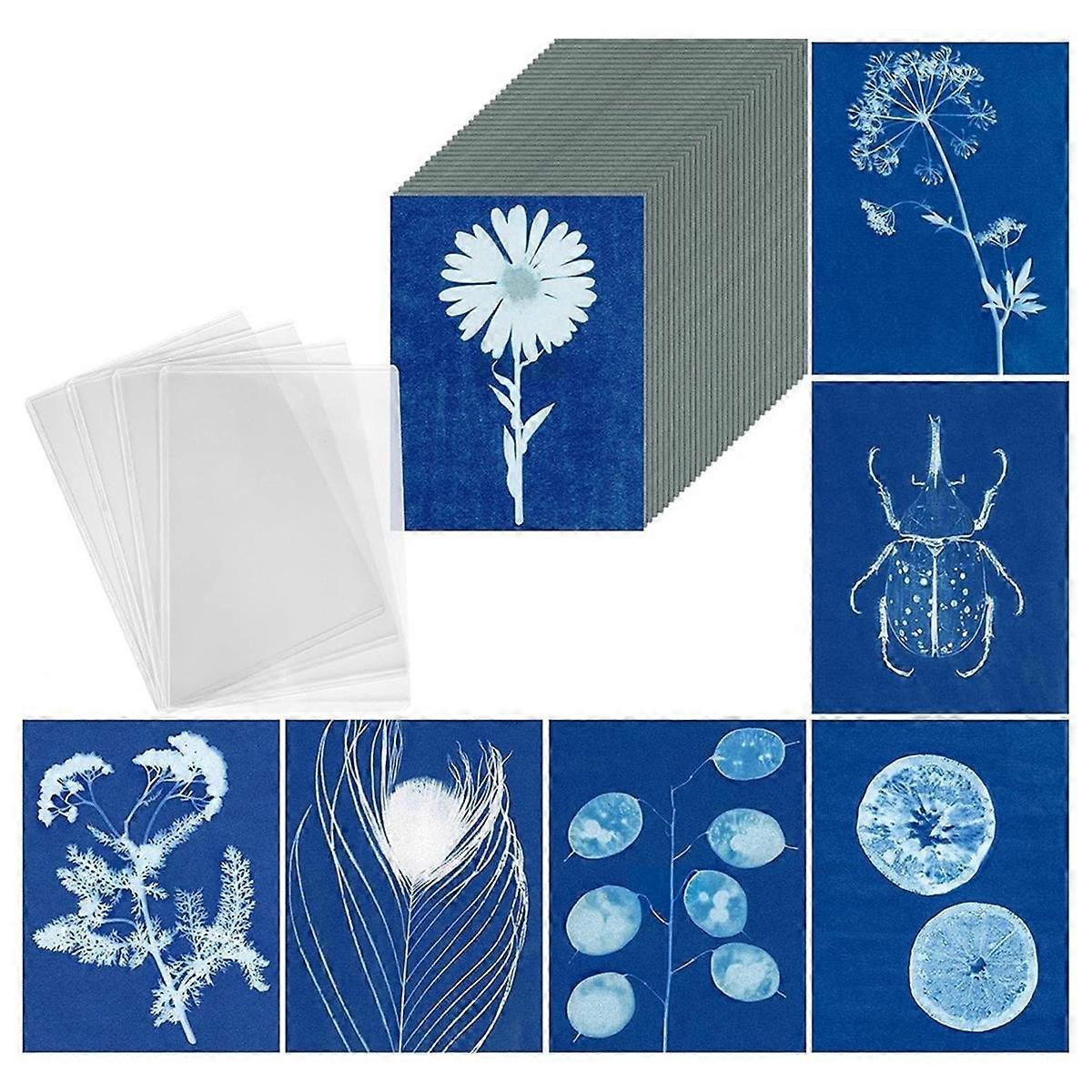 Sun Print Paper Kit, 100 Sheet Cyanotype Paper with 4 Sheet Acrylic Panel, A5 Sun Art Paper, Solar Printing Art Paper