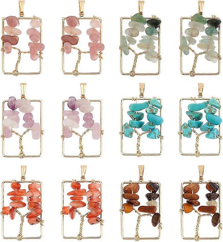 12Pcs 6 Styles Natural Mixed Gemstone Chip Pendants Tree of Life Charms with Rectangle Brass Frame Long-Lasting Plated Nickel Free Mixed Dyed and Undy