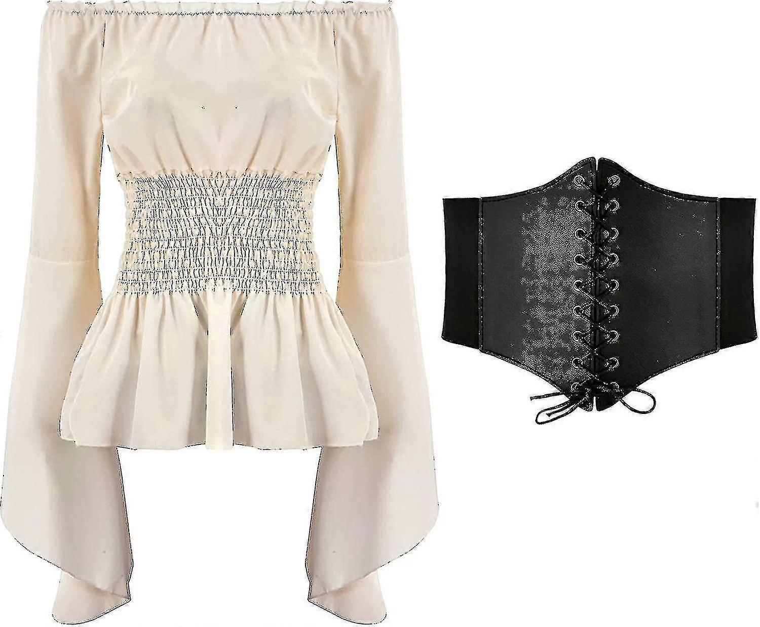 2023 נשים חולצת רנסנס צמרות מחוך חגורת מותניים ימי הביניים ויקטוריאני סירה מהכתפיים חולצה עם שרוול ארוך פיראט תחפושות קוספליי מהיר-XinHan tw