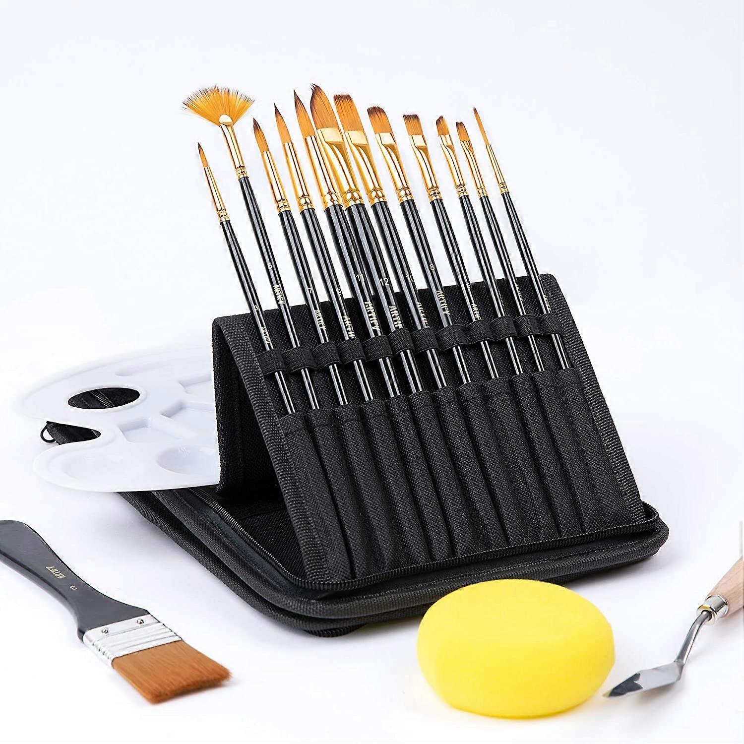 12 Pcs Paint Brush set Includes Pop-up Carrying Case with free Palette Knife, Large Flat Brush and
