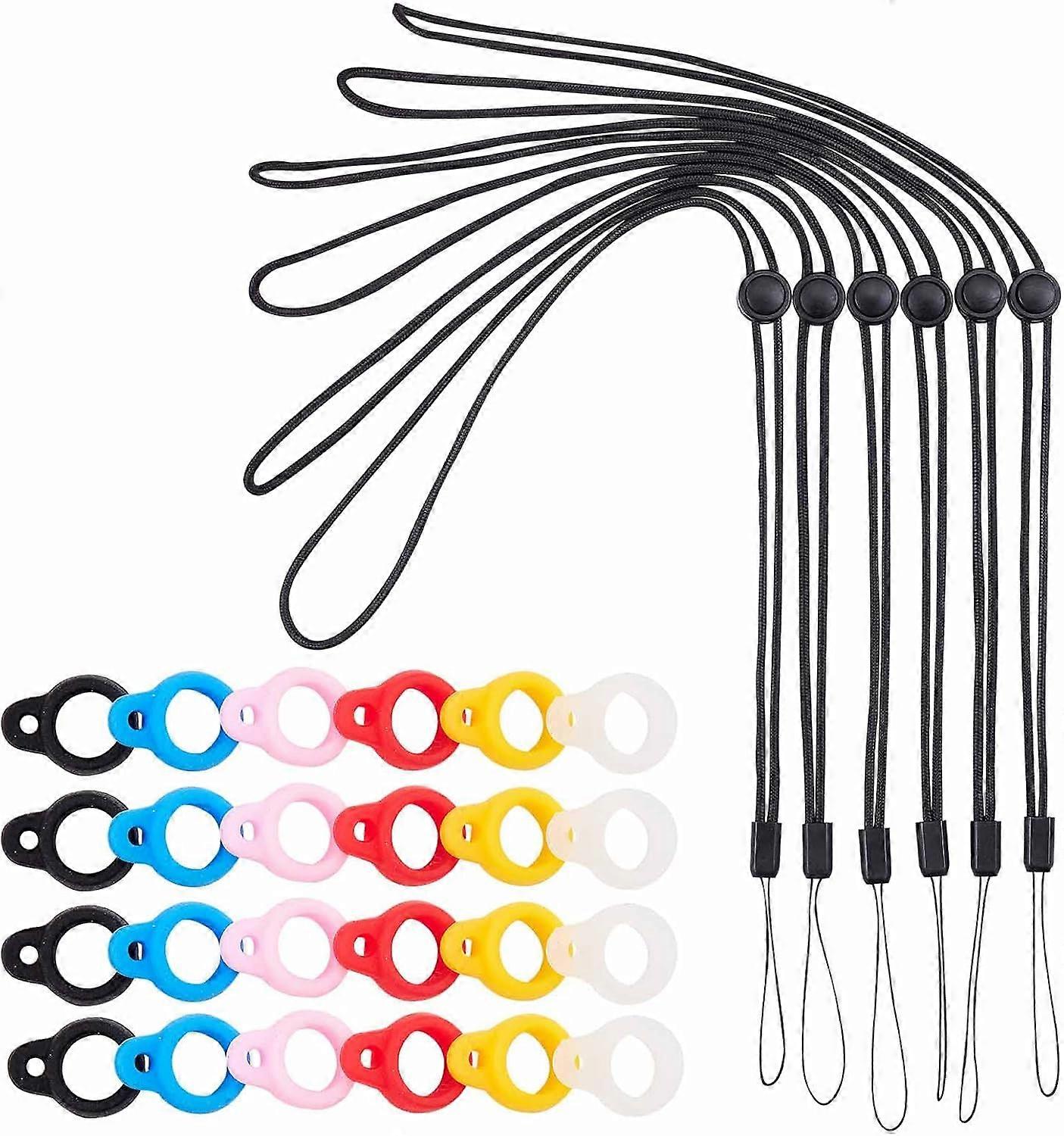 30PCS Anti-Lost Collier Lanière Set Comprend 6PCS Noir Cordon Cordon Sangles Pendentif et 24PCS 8mm 6 Couleurs Silicone Caoutchouc Anneaux Porte-Bande