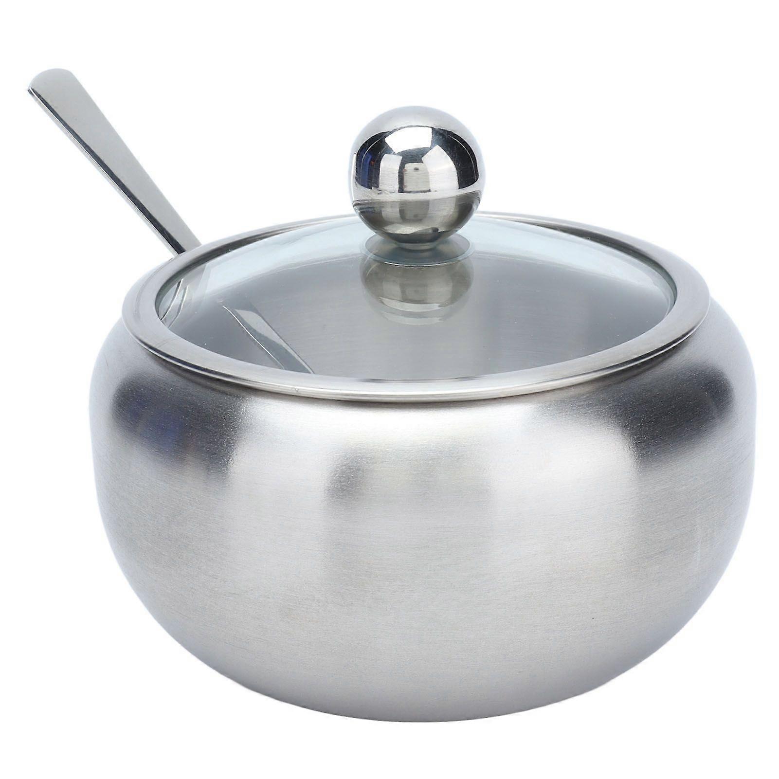 Sugar Bowl Stainless Steel Clear Lid Glossy Inbuilt Spoon Durable Rustproof Oxidation Resistance Sugar Container