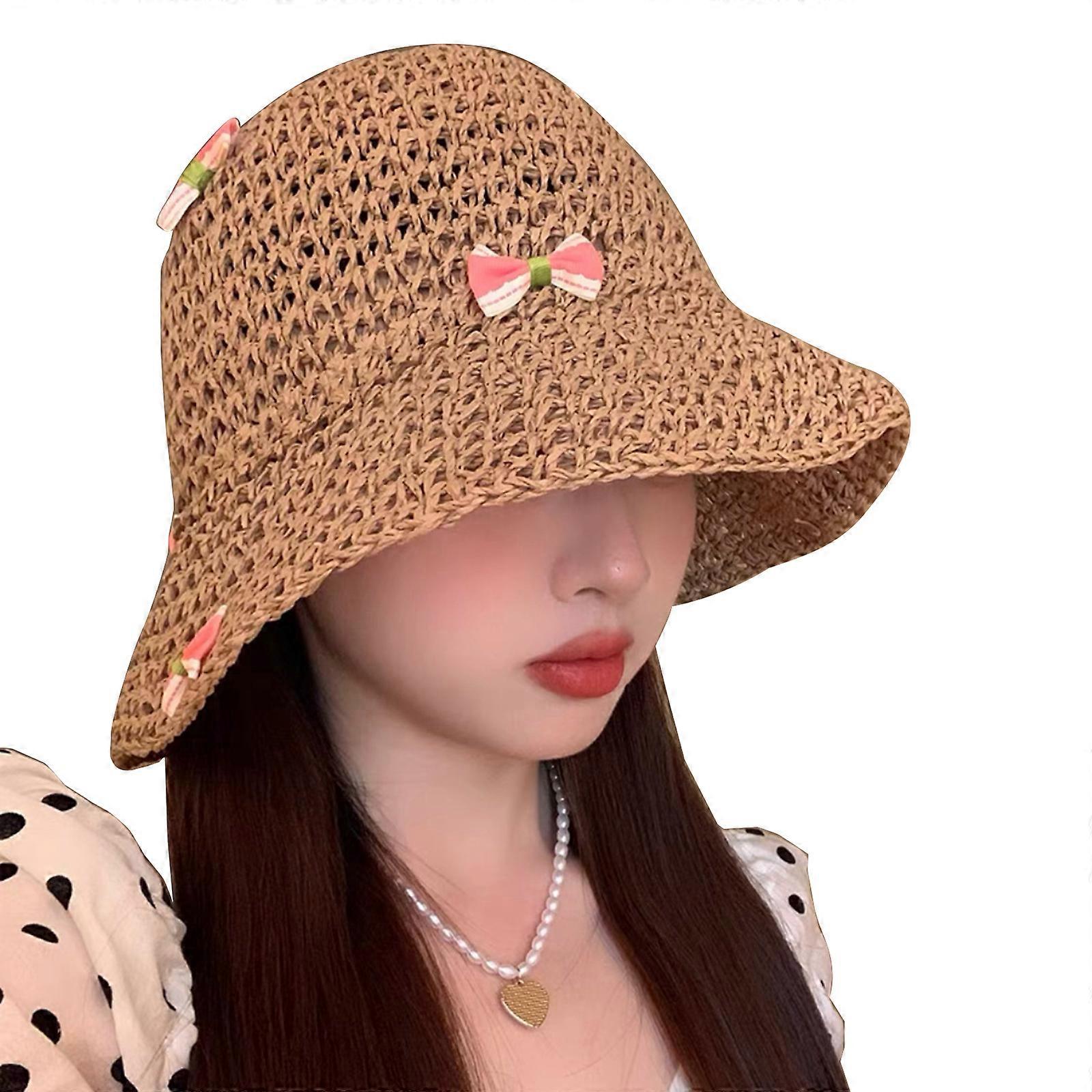 Handmade Knitted Bucket Hat for Teens Straw Weaving Floppy Hat with Cherry/Bowknot Decals Summer Camping Spring Sun Hat