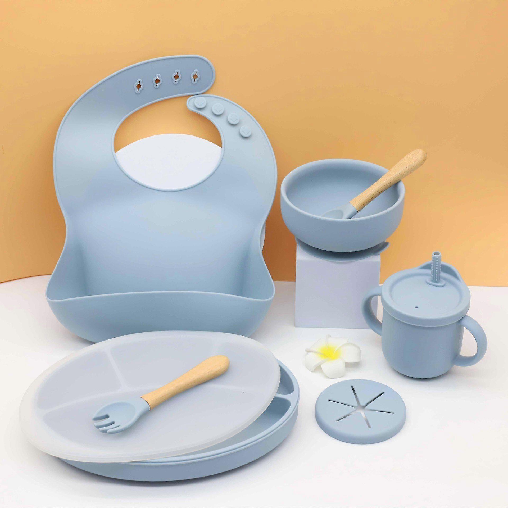 Silicone baby bib split plate round bowl spoon Fork Two-in-one snack strapless cup set