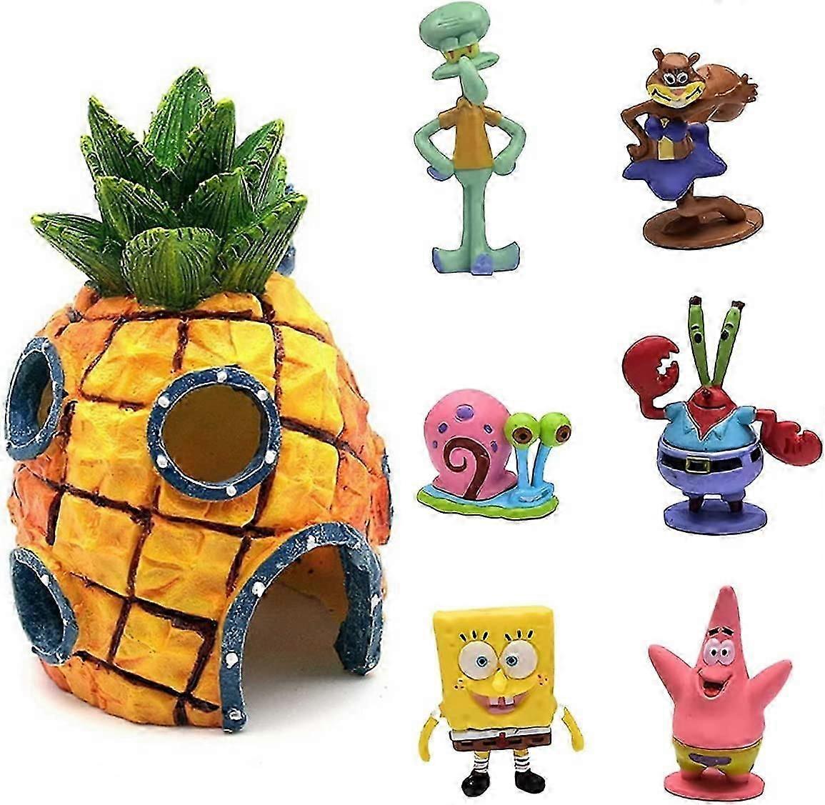 Widesmart 7件水族装饰品,海绵宝宝水族装饰品 水族装饰品 水族馆树脂鱼缸装饰品 水族馆菠萝鱼棕