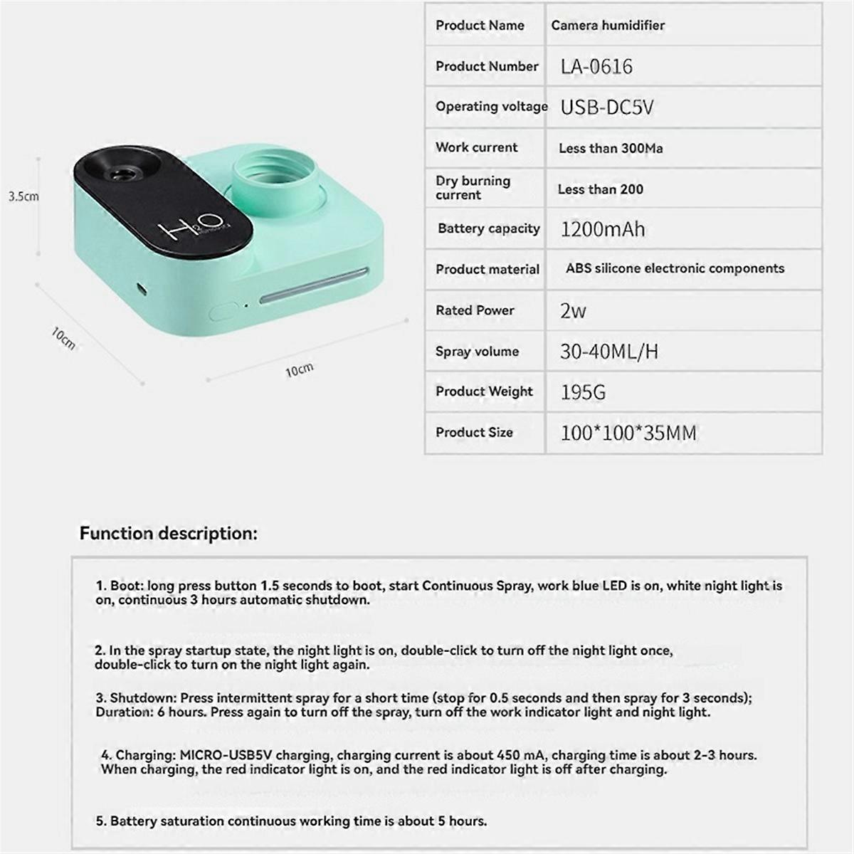 Mini Camera Shape Humidifier USB Portable Large Mist Volume Desktop Water Bottle Humidifier for Bedroom Office Pink