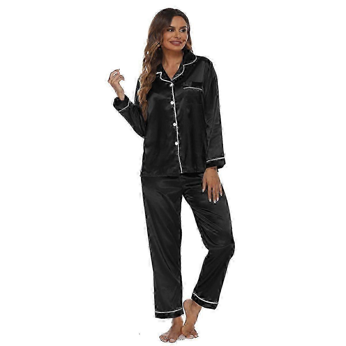 Pijamas de Seda Cetim para Mulheres Conjunto de Pijamas de Duas Peças com Botões