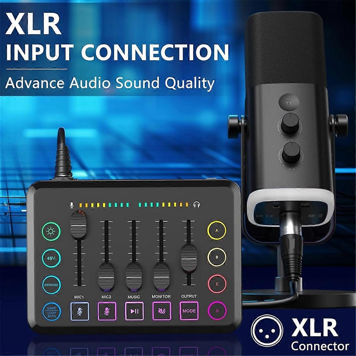 Gaming Audio Mixer, Streaming RGB PC Mixer med XLR Mikrofongränssnitt, Volymfader, 48V Phantom 