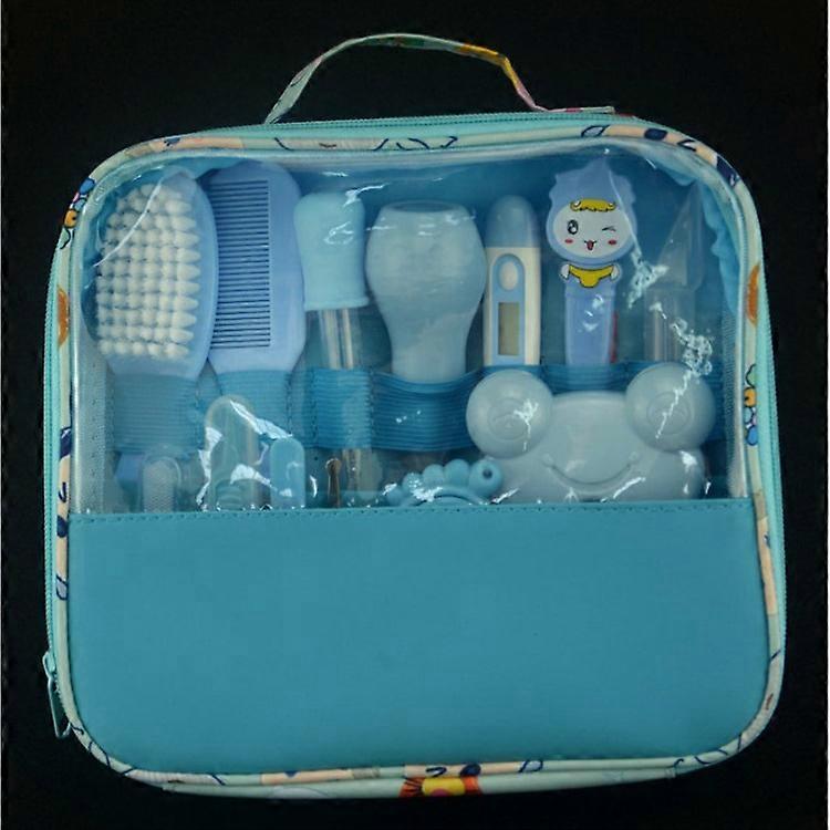 Cross-border care baby toothbrush nail clippers manicure scissors nose suction comb brush 13-piece tool set blue