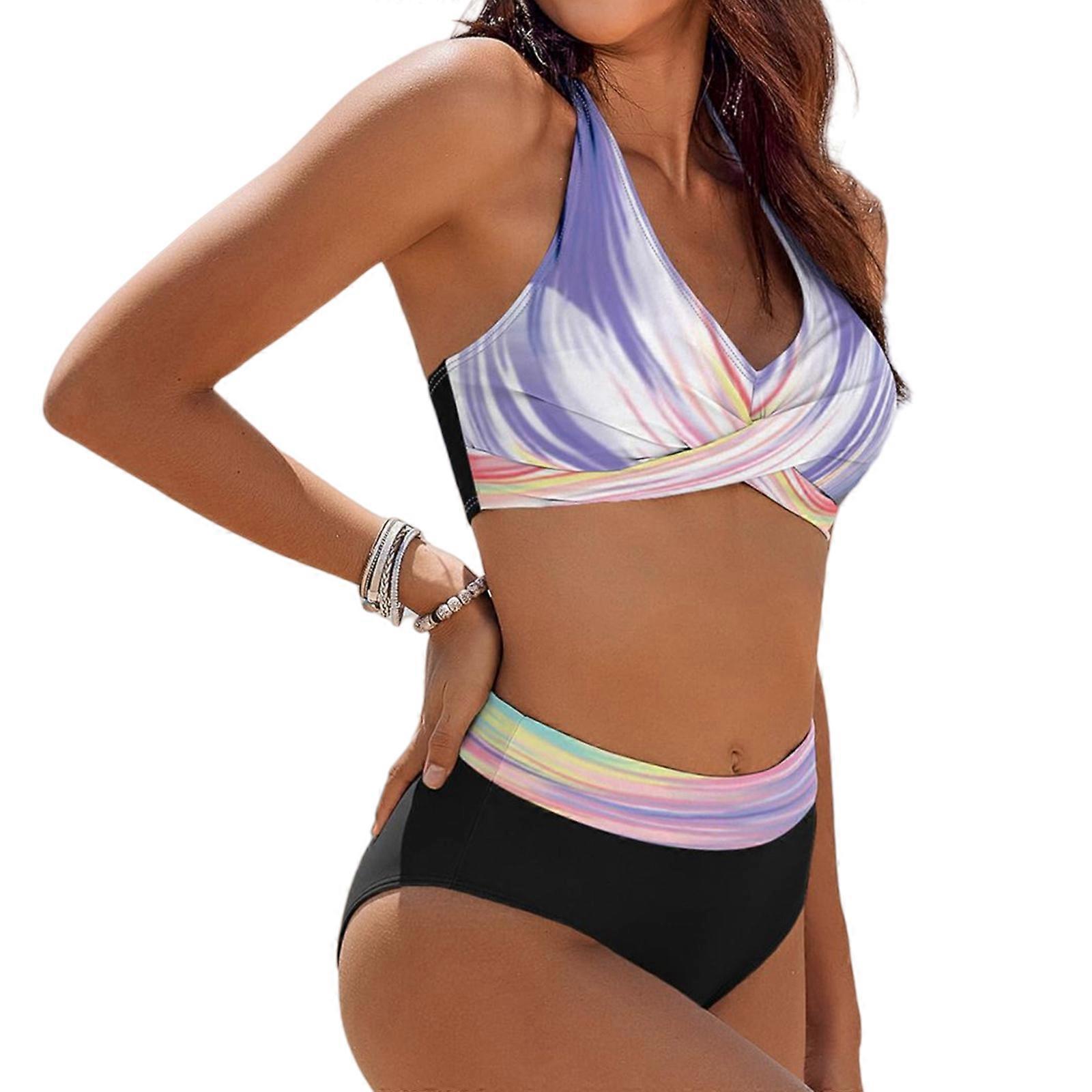 Femmes Col V Maillots de Plage Maillot De Bain Taille Haute Imprimé Fleur Maillot De Bain Deux Pièces Confortable Extensible Maillot De Bain Violet Clair Imprimé XL