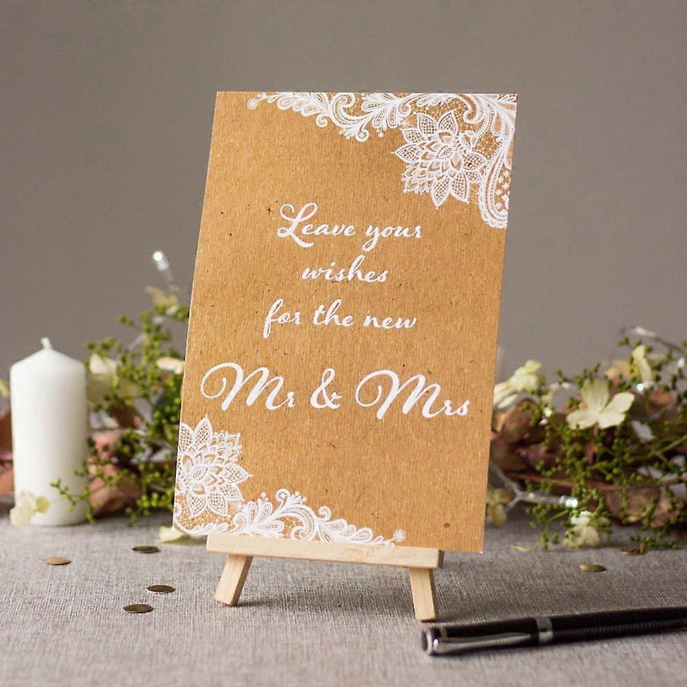 Leave Your Wishes Rustic Wedding Sign Brown with White Lace design and Easel