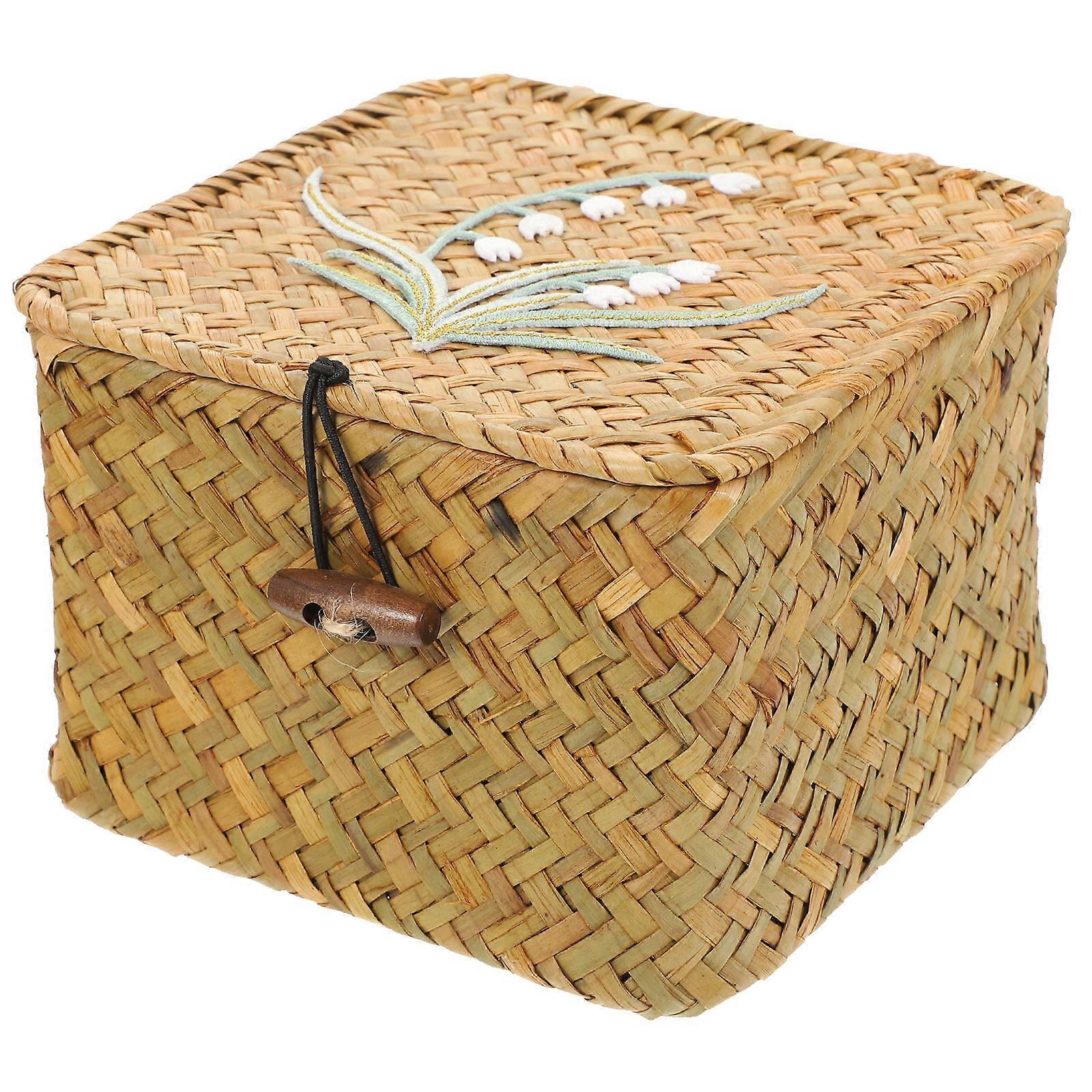 Retro Woven Storage Box with Lid – Compact Desktop Organizer for Accessories, Embroidery Design, Bathroom & Bedroom Use
