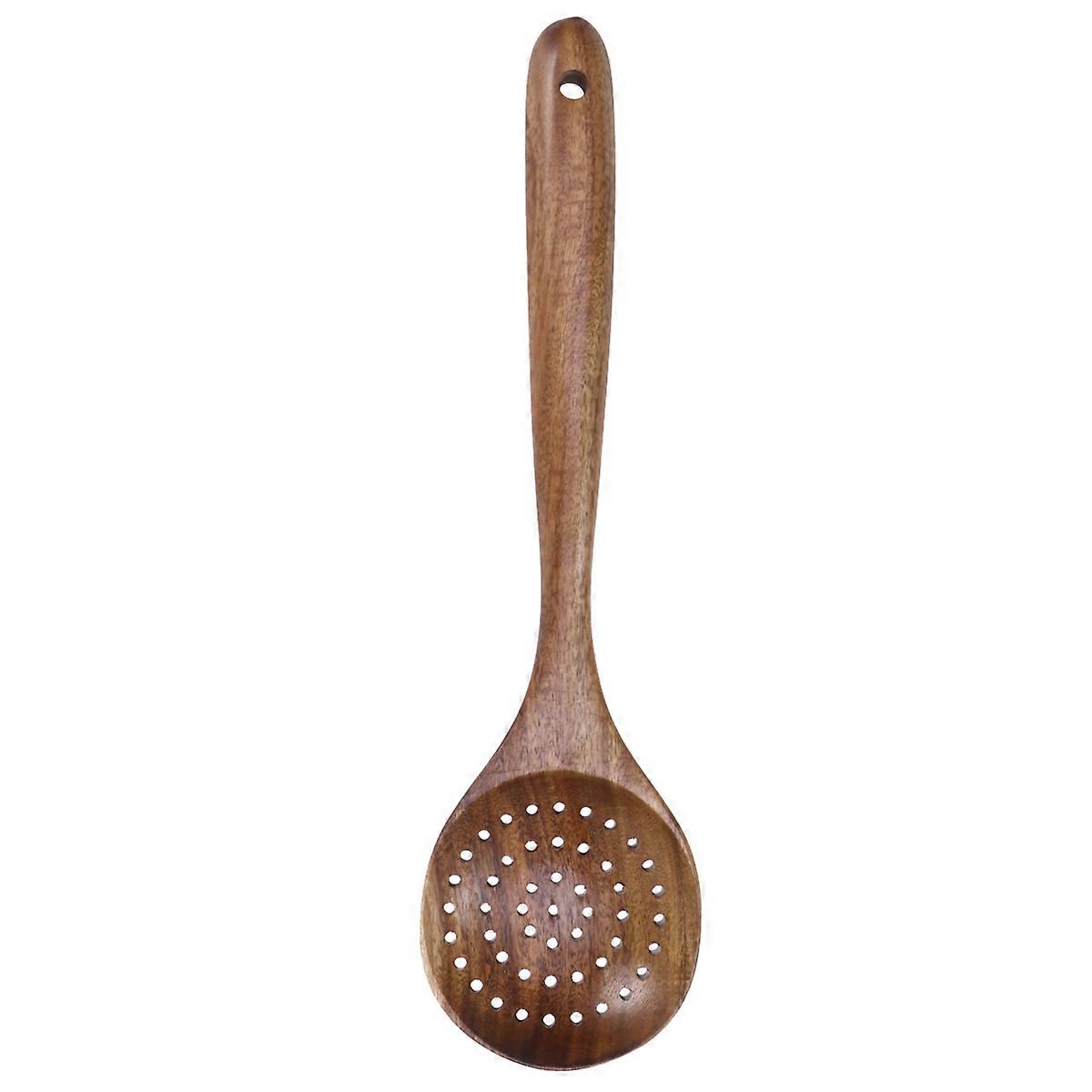 Heat Resistant Teak Colander Ladle for Draining and Serving – Fine Leak Design, Non Stick Pan Compatible, Handmade Cooking Tool