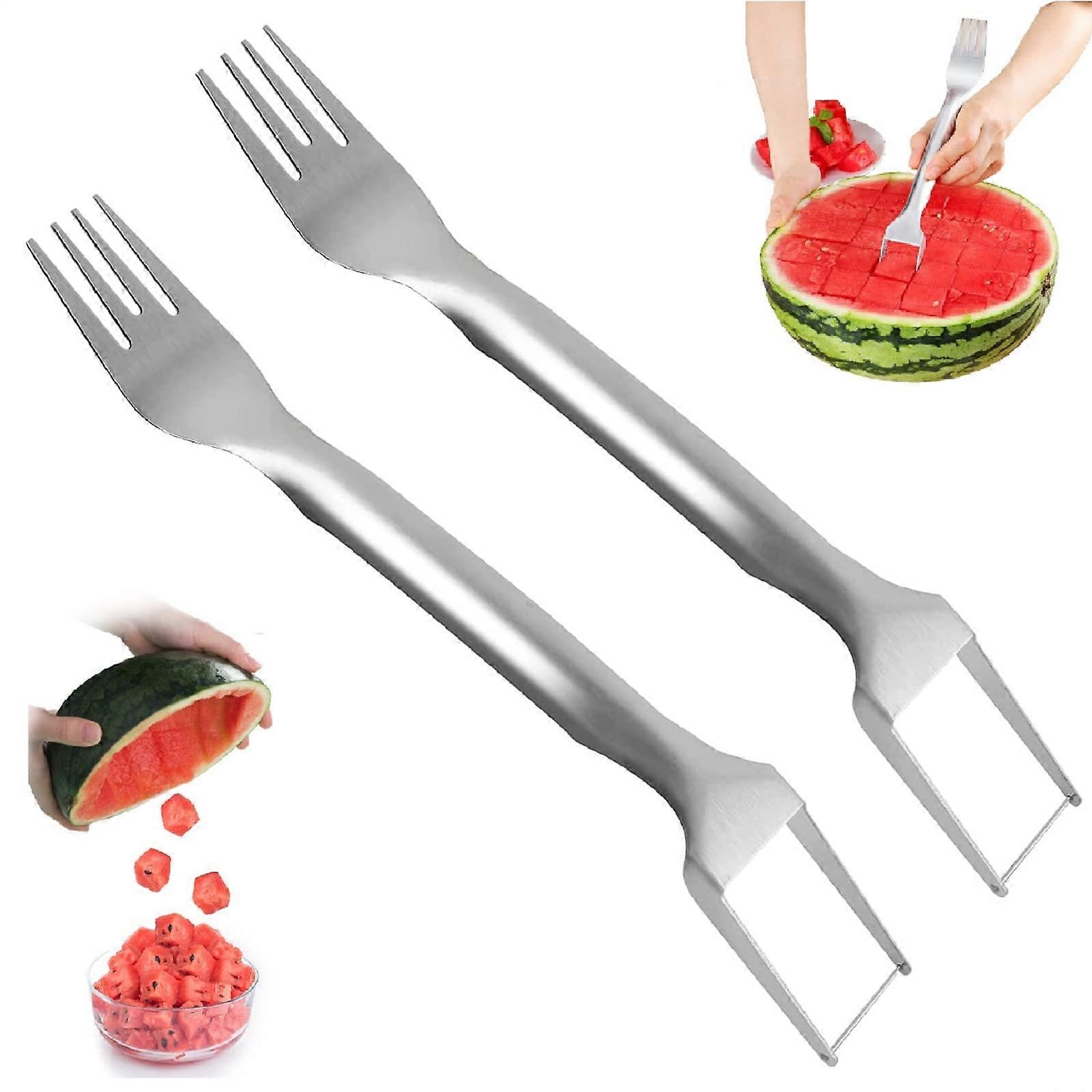2-in-1 Watermelon Fork Cutter and Slicer, Stainless Steel Melon Cutter Set for Family Parties and Camping, Pack of 2