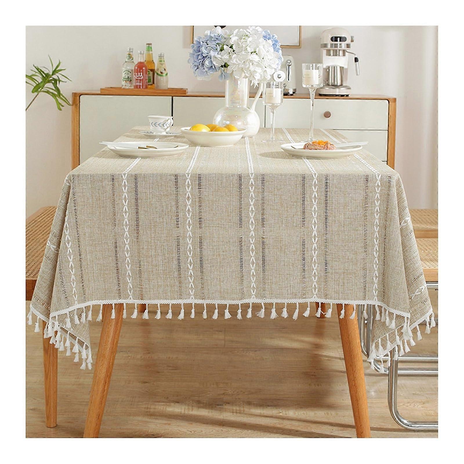 Tablecloth, Striped Fringe Table Linens Polyester for Kitchen Dining, 140x140CM, Khaki