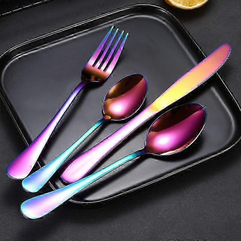 Golden stainless steel knife and fork set with stirring spoon for dining table use