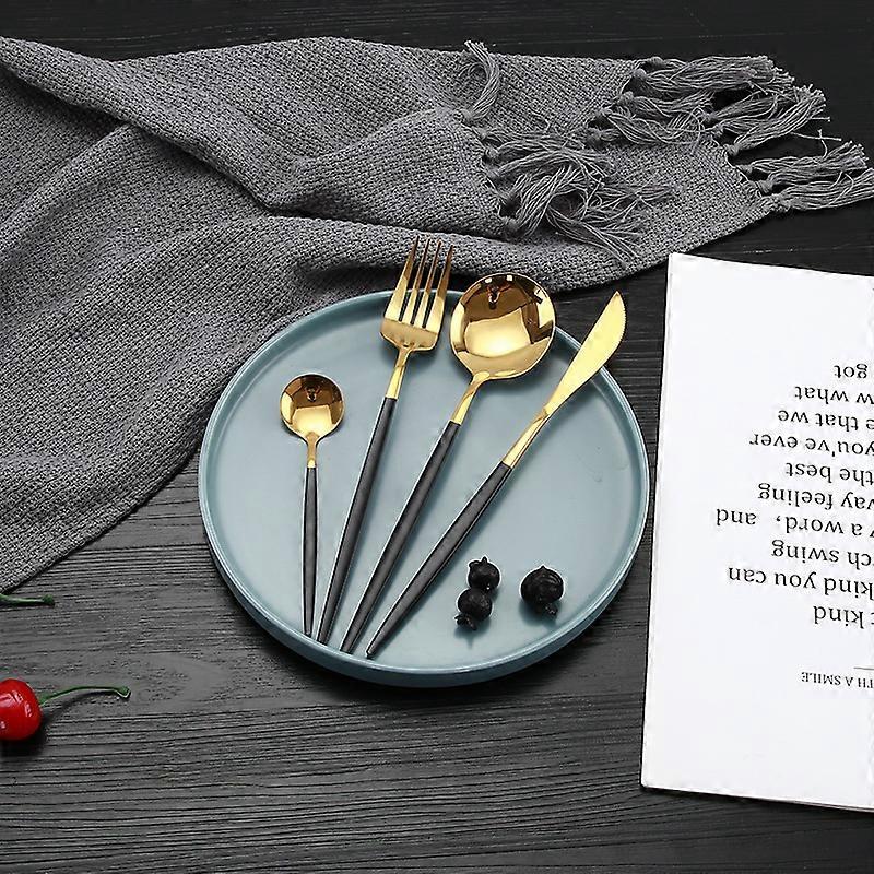 4 pcs Cutlery Set, Titanium Plated Silverware Strong Rust Resistant Dishwasher Safe (Black+Gold)