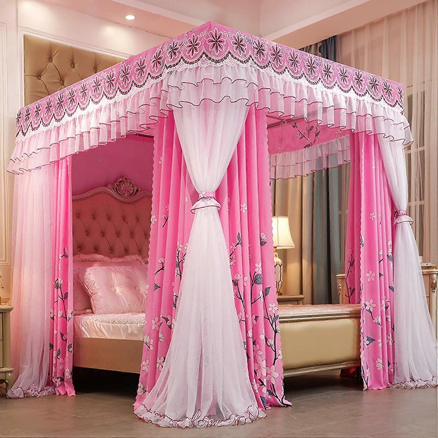 Canopy curtain with 4 corners and ruffles in princess style – Doublelayered, cozy curtain net with 4 openings, mosquito net