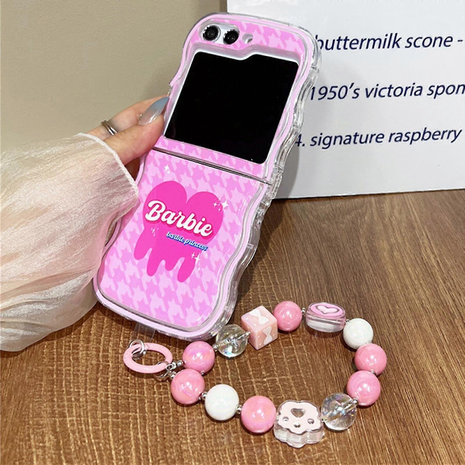 Zフリップ5かわいいケースウェーブエッジ透明、ピンクビーズチェーンリストストラップブラビーパターンTPUソフトラブリーファッション耐衝撃性カバー女性のための女の子