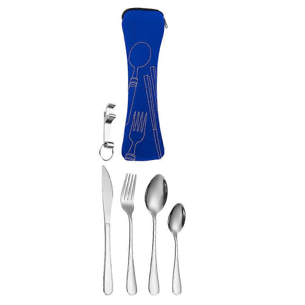 Reusable Silverware Set Portable Cutlery Five-Piece Set Tableware With Storage Pouch Blue 5Pcs