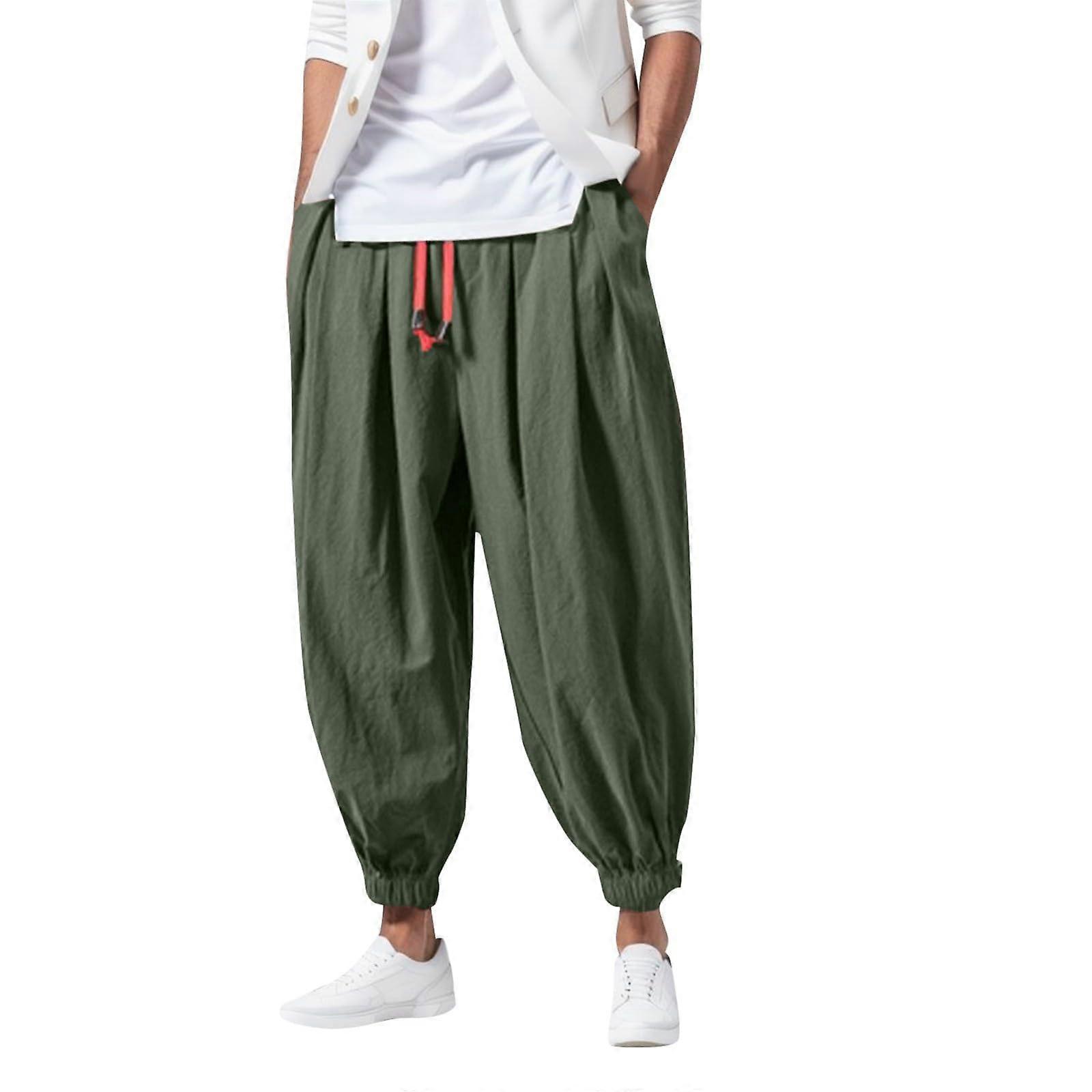 Harem Pants for Men with Elastic Waist, Lightweight Summer Training Trousers, Breathable Loose Fit Casual Pants in Army Green, Size M