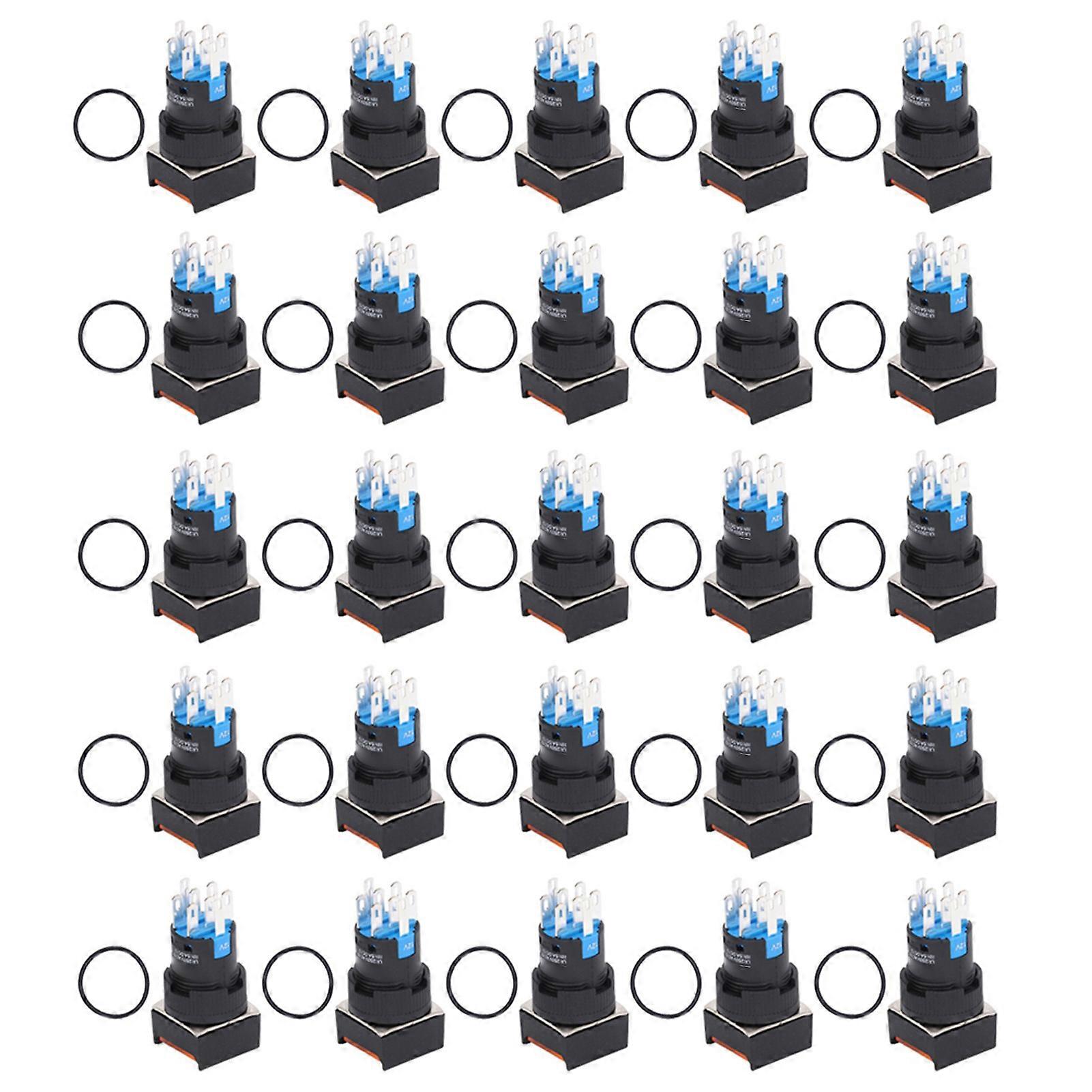 25Pcs Squares Button Switch ABS Messing 8 Pin Selbstverriegelnde Schalter mit Licht 16mm 12VYellow