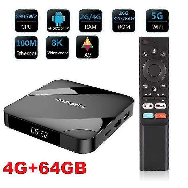 Bluetooth 5.2 Android TV Box with Voice Remote - 4GB RAM 64GB Storage, S905W2 Quad Core, Dual Band WiFi, AV1 Decoding, Compatible with Smart TV & 8K M