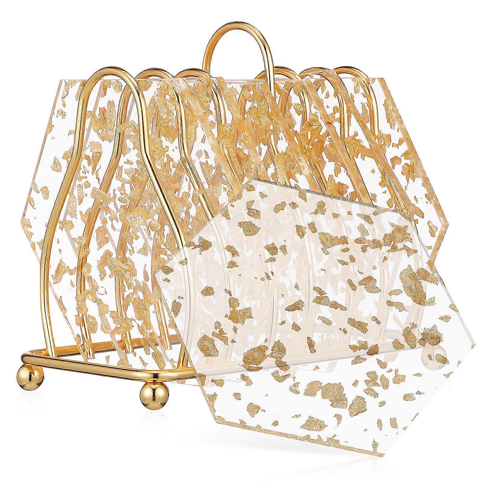 Golden Acrylic Coasters with Gold Leaf Design for Table Decor 6 Pieces Protects from Scratches 4.5