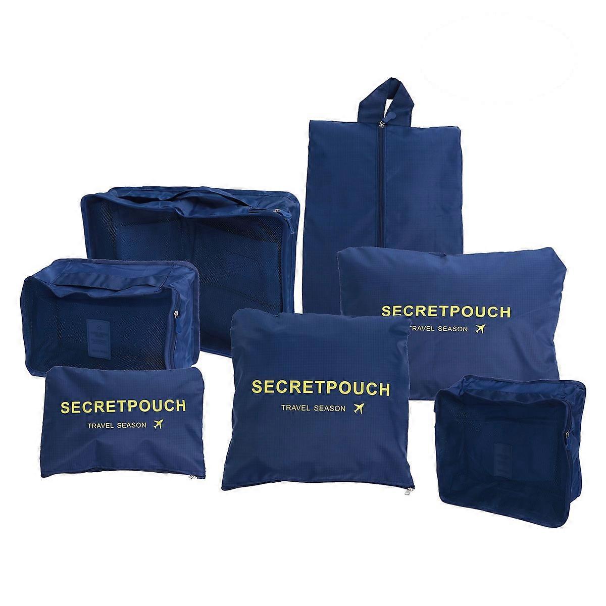7PCS Travel Storage Bag High Capacity Clothes Tidy Pouch Luggage Organizer Portable Container Waterproof Storage Case (Navy)