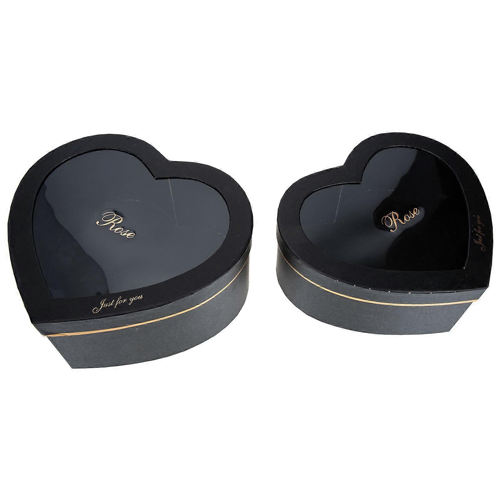 HeartShaped Flower Box with Transparent Window for Storage Ideal for Gifts and Arrangements Black Paperboard 2Pcs