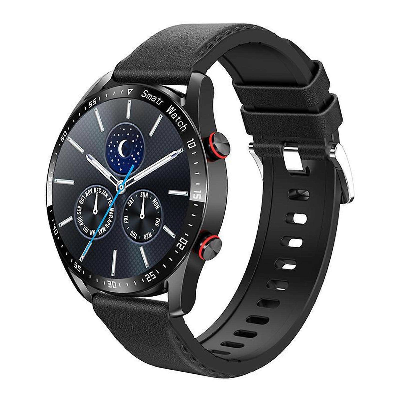 Smart Watch for Men and Women with Full Screen Touch, Weather Display, Music Control, Black PU Leather, Multiple Sports Modes