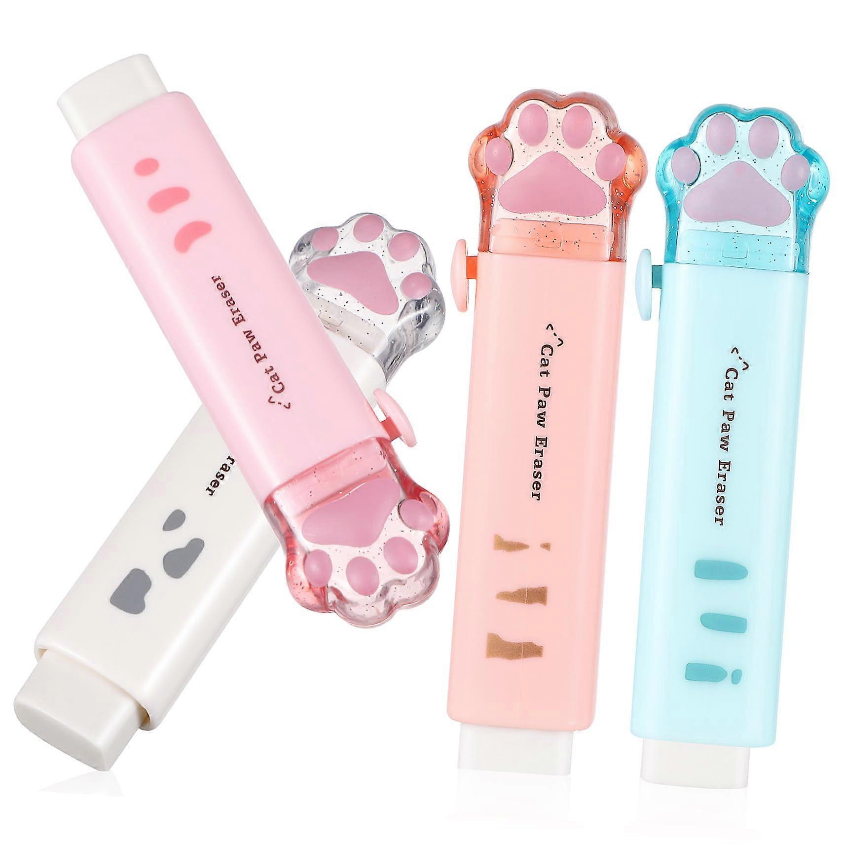 Kawaii Cat Paw Erasers Set of 4 Retractable Cute School and Office Rubber Erasers for Kids and Adults