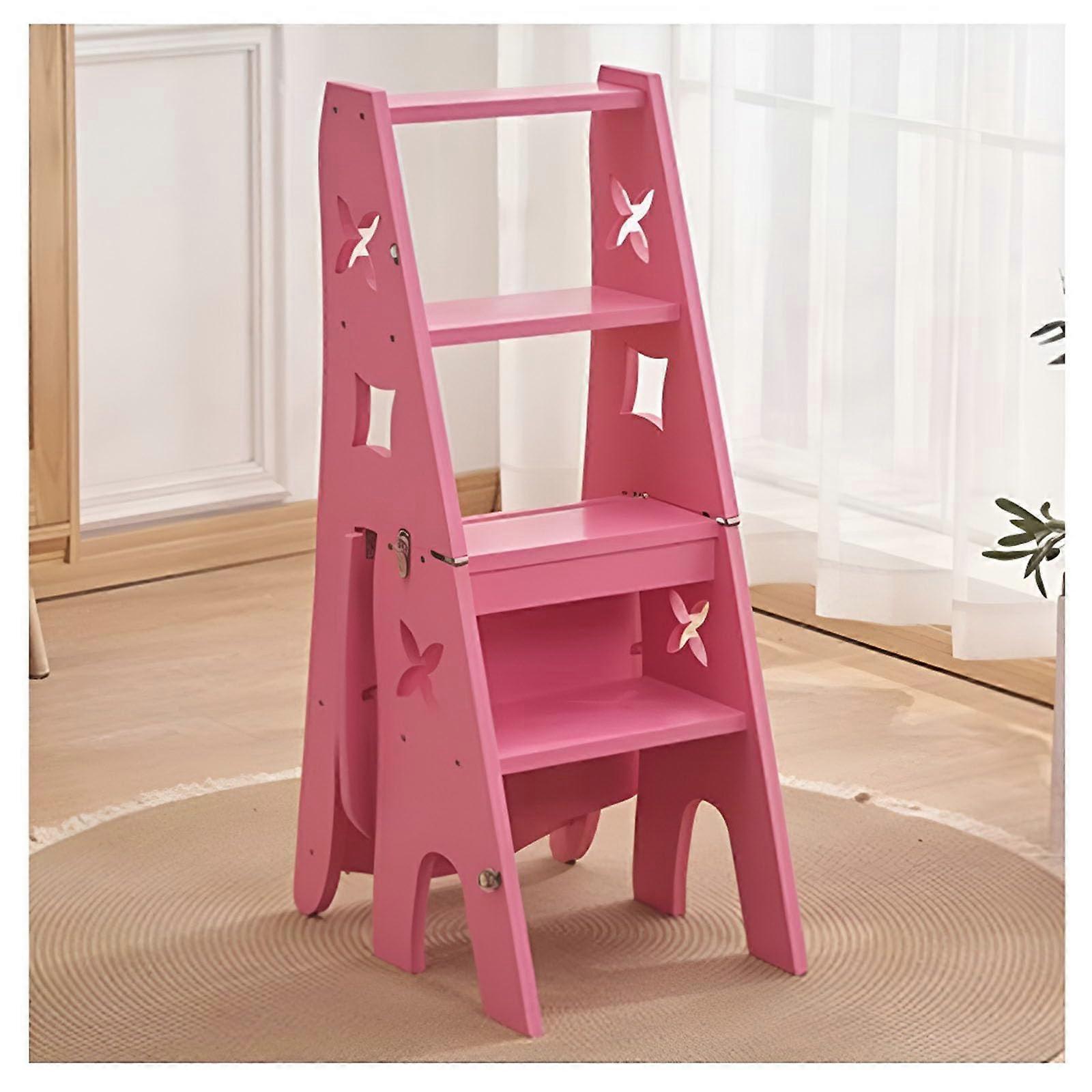 Folding Library Ladder Chairs, 2in1 Multifunctional Step Stool, Four Step Stool (Pink)
