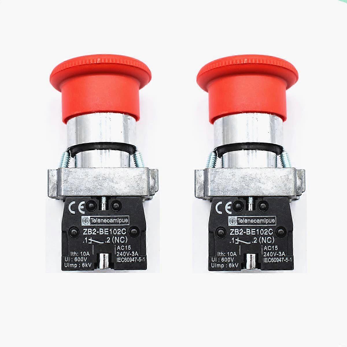 22mm NC Red Mushroom Emergency Stop Push Button Switch 600V 10A ZB2-BE102C (2PCS) Silver
