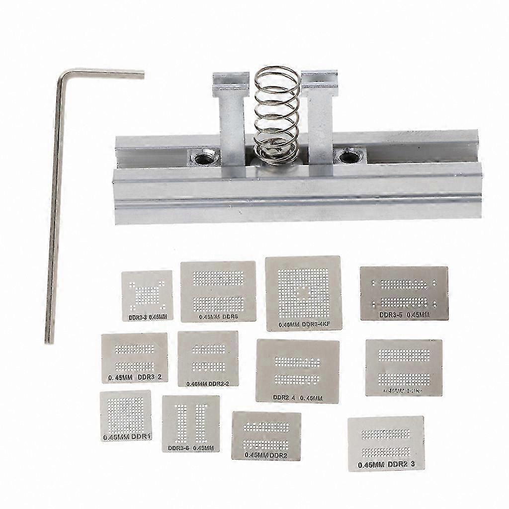 Universal 13-Piece BGA Reballing Stencil Set for DDR1-DDR5, Heat-Resistant Template with Holder Jig