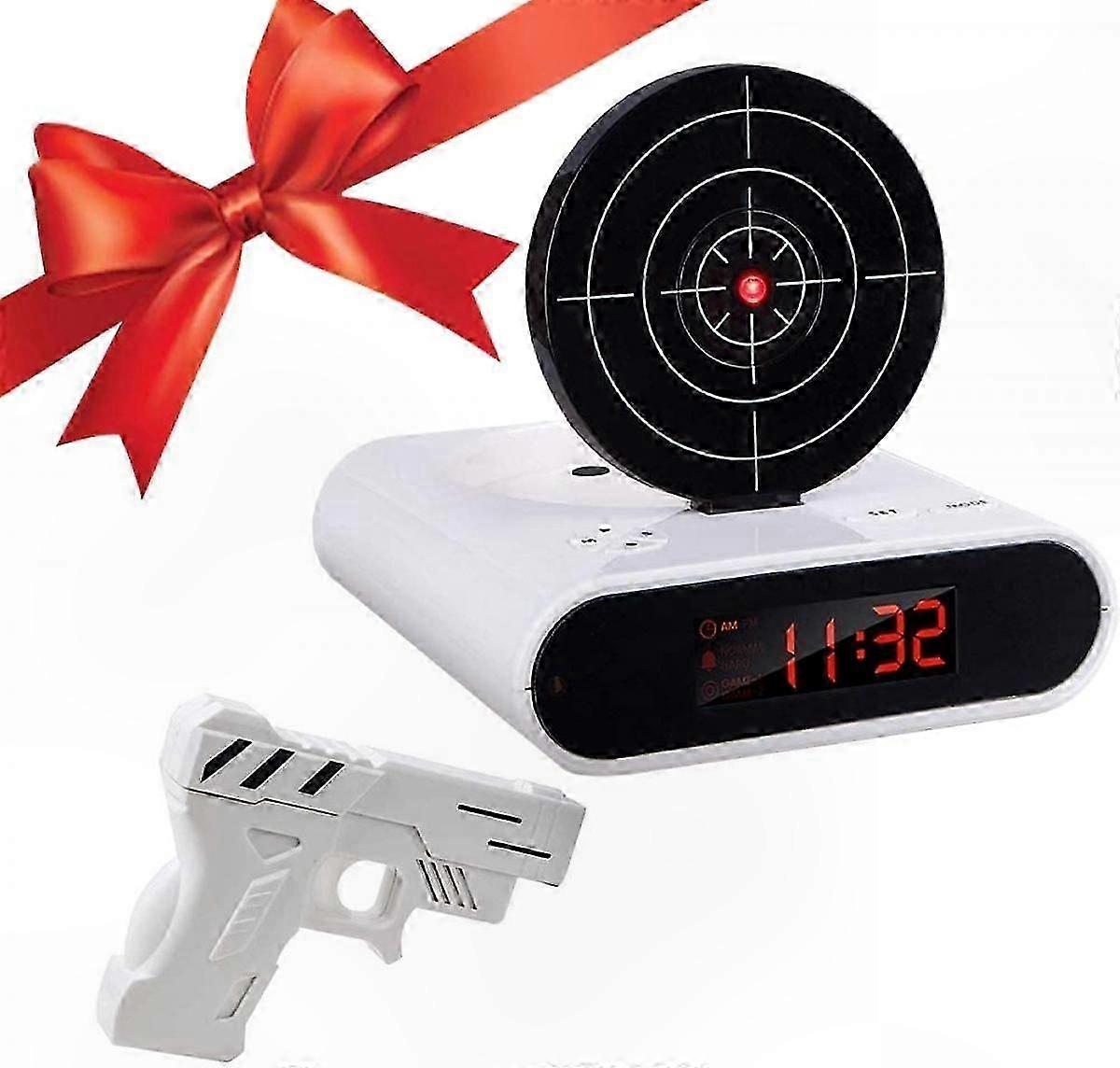 Digital Alarm Clock with Gun Shooting Sound, 12-Hour Display, Fun Wake-Up for Kids, White