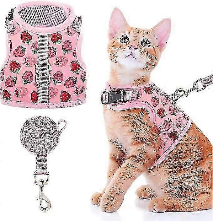 (2pcs Strawberry Pink) Cat Harness with Leash - Stylish Adjustable Mesh Harness for Kittens, Puppies and Small Pets