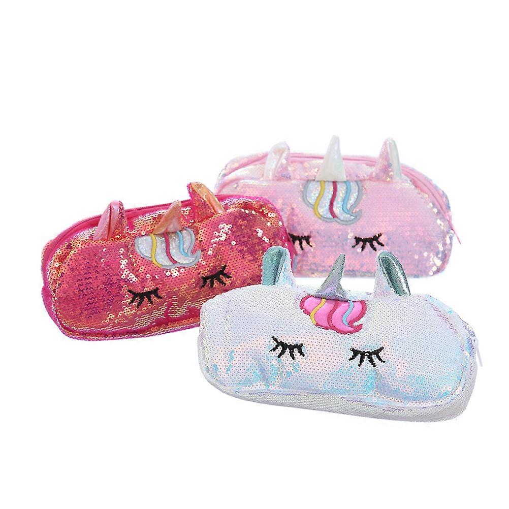 Sequin Pencil Case Pink Rectangular School Use Stationery Storage Smooth Zipper 1Pcs