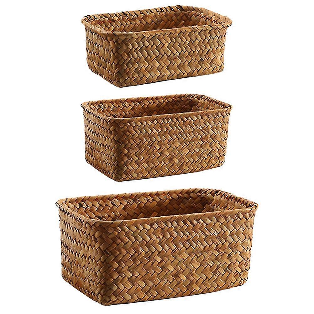 Rectangular Straw Braid Storage Holder For Kitchen And Living Room 9Pcs Light Brown